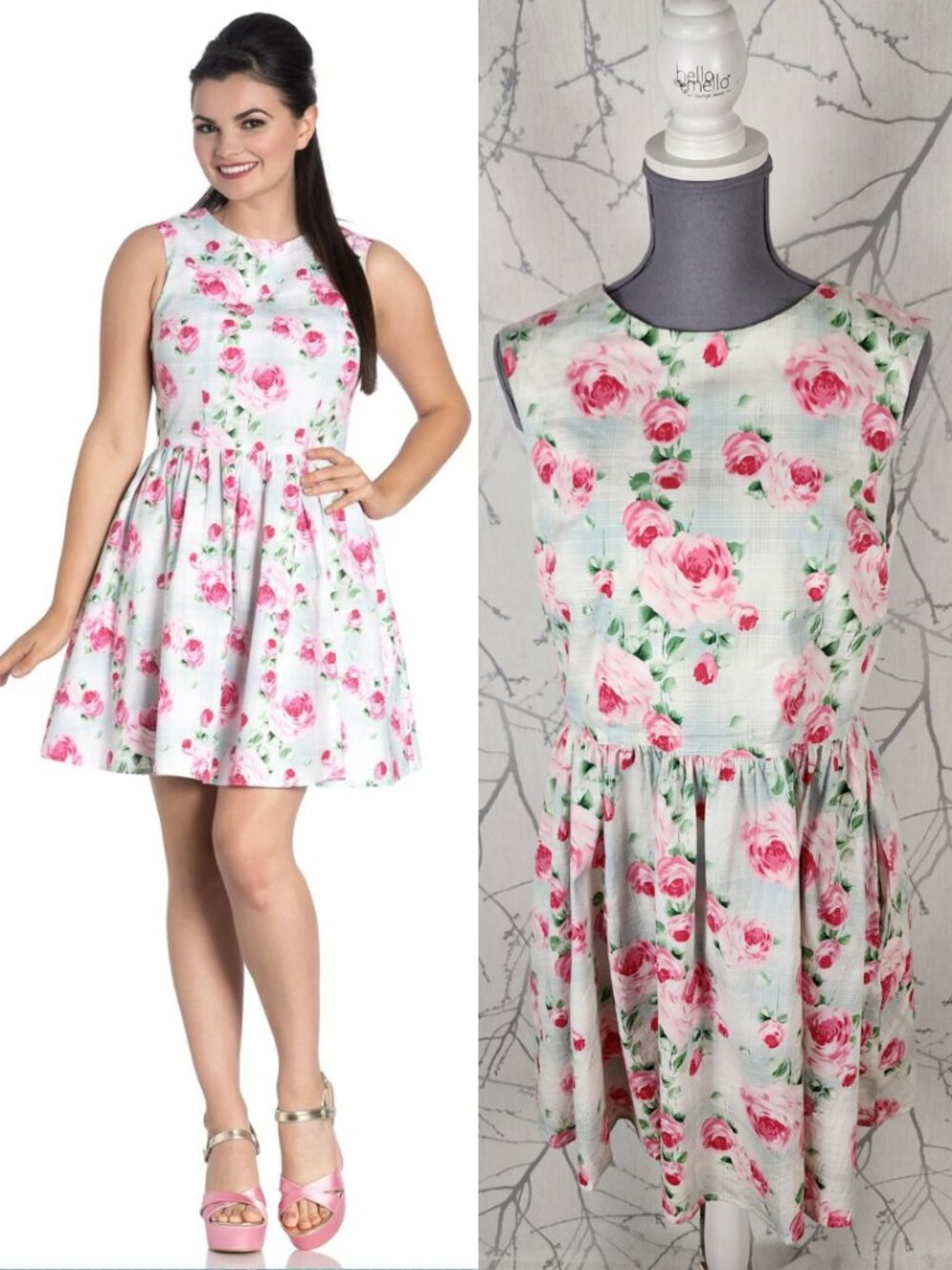 Hell Bunny Rose Floral Print Cotton Stretch Natalie Fit & Flare Dress